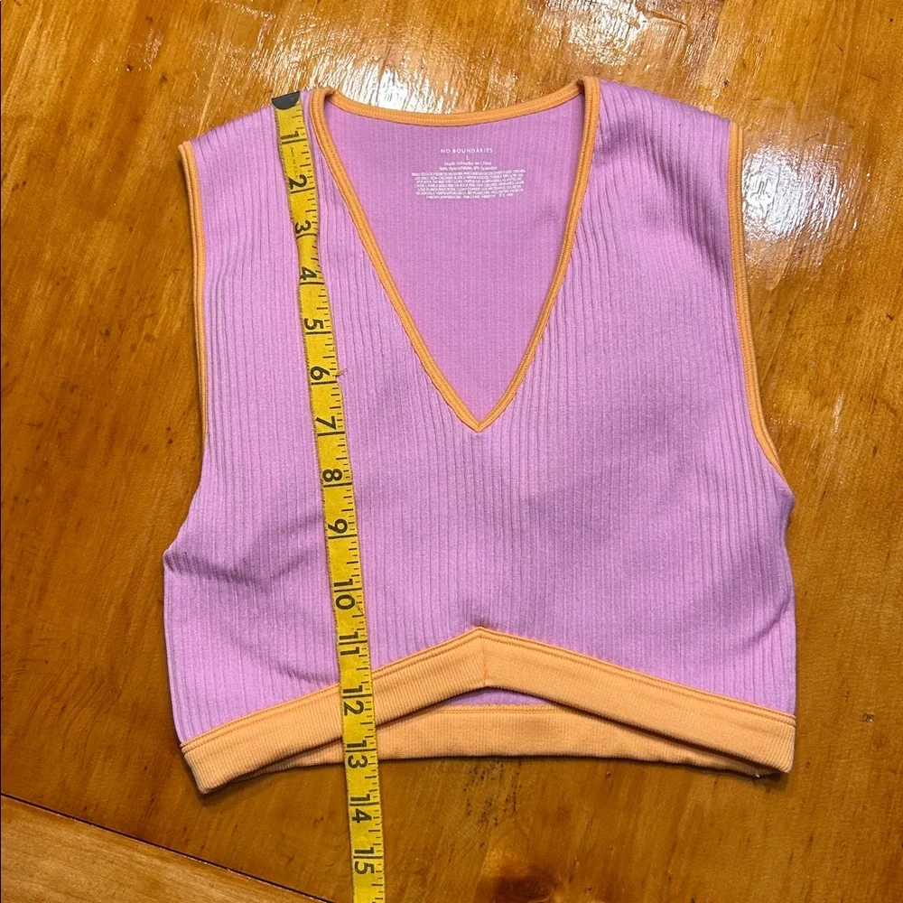 Y2K Sporty Chic Purple Orange Ribbed V-Neck Crop Top Crossover Hem Sleeveless - Picture 4 of 7